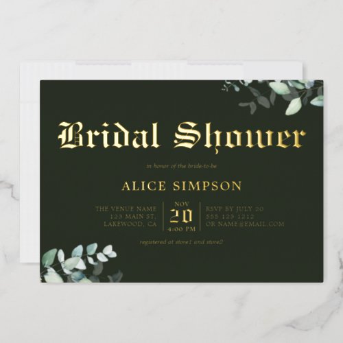 Greenery Blackletter Bridal Shower Foil Invitation