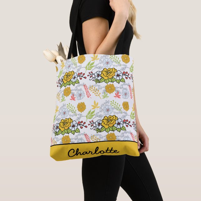 Greenery blossom floral pattern personalized name  tote bag (Close Up)