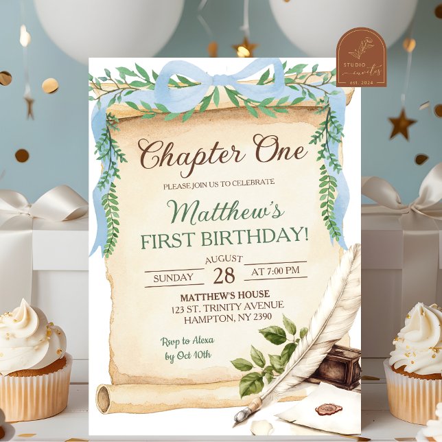 Greenery Blue Bow Storybook Chapter One Birthday Invitation (Creator Uploaded)