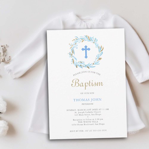 Greenery Blue Cross Gold Elegant Baby Boy Baptism Invitation