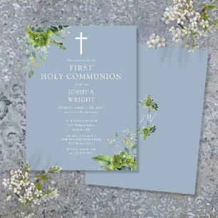 Greenery Blue First Holy Communion Invitation Postcard