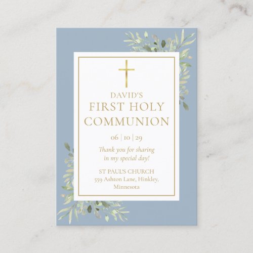 Greenery Blue First Holy Communion Prayer Card