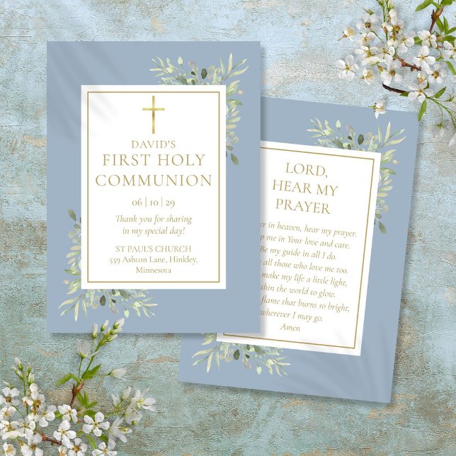 Greenery Blue First Holy Communion Prayer Card (Greenery Blue First Holy Communion Prayer Card)