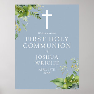 Greenery Blue First Holy Communion Welcome Sign