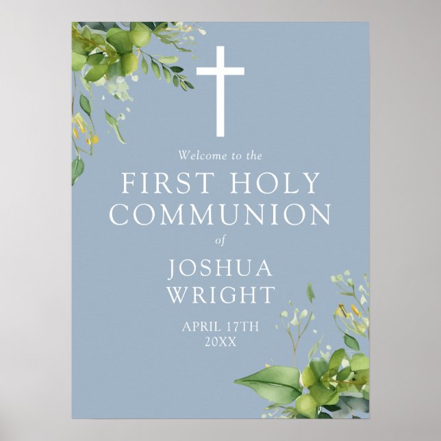 Greenery Blue First Holy Communion Welcome Sign (Front)