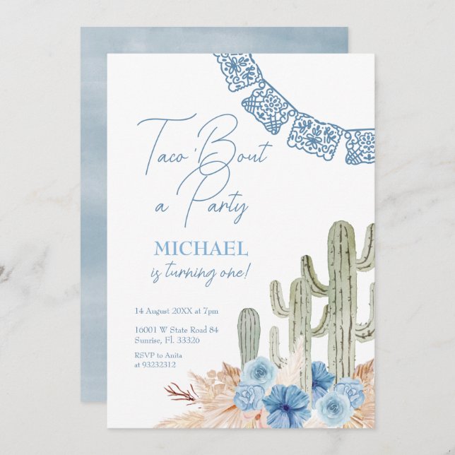 Greenery Blue Floral Birthday Invitation (Front/Back)