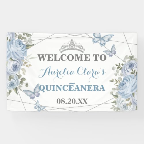 Greenery Blue Floral Butterflies 16th Quinceaera  Banner