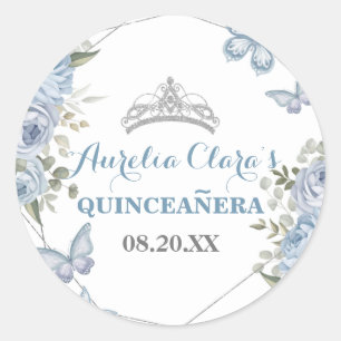 Greenery Blue Floral Butterflies 16th Quinceañera Classic Round Sticker