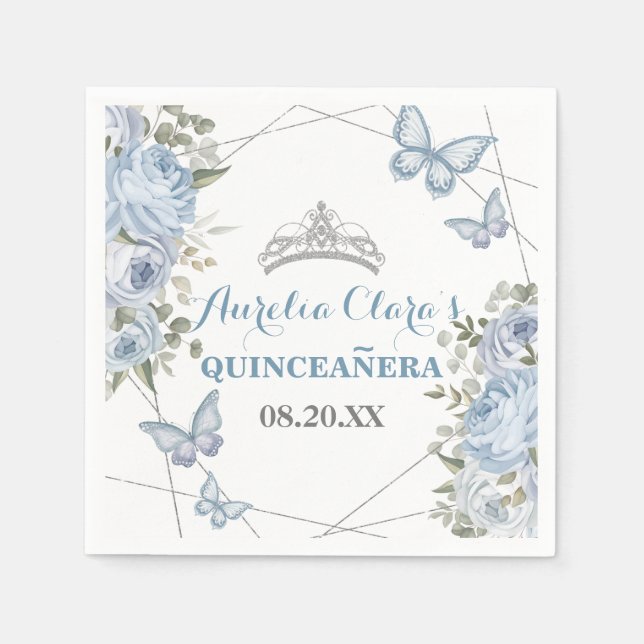 Greenery Blue Floral Butterflies 16th Quinceañera  Napkins (Front)