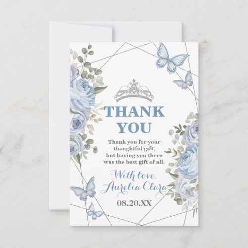 Greenery Blue Floral Butterflies 16th Quinceaera Thank You Card