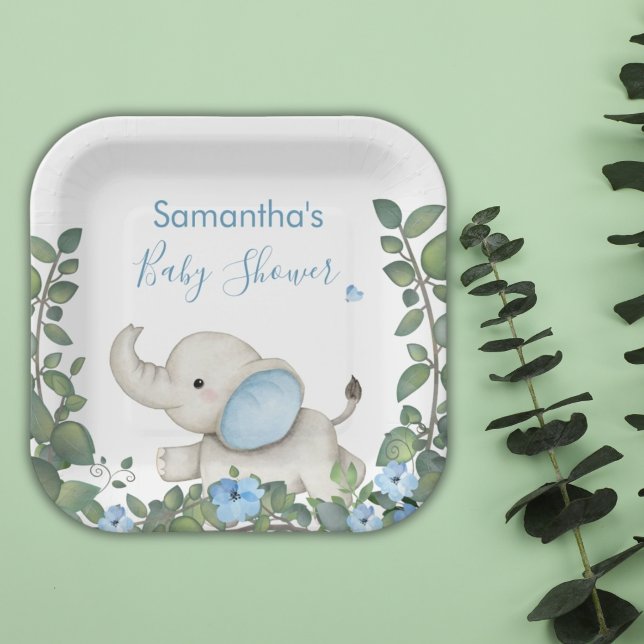 Greenery Blue Floral Elephant Baby Shower Paper Plates (Creator Uploaded)