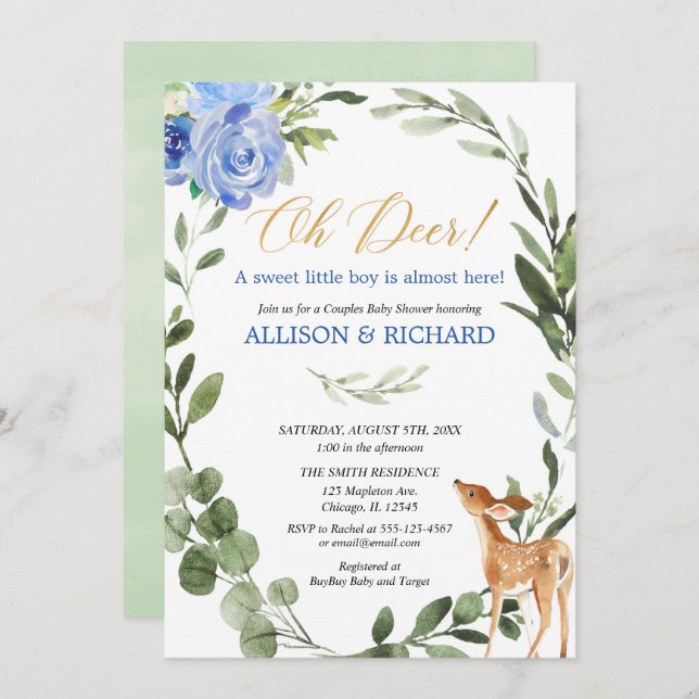 Greenery blue gold baby deer couples baby shower invitation (Front/Back)