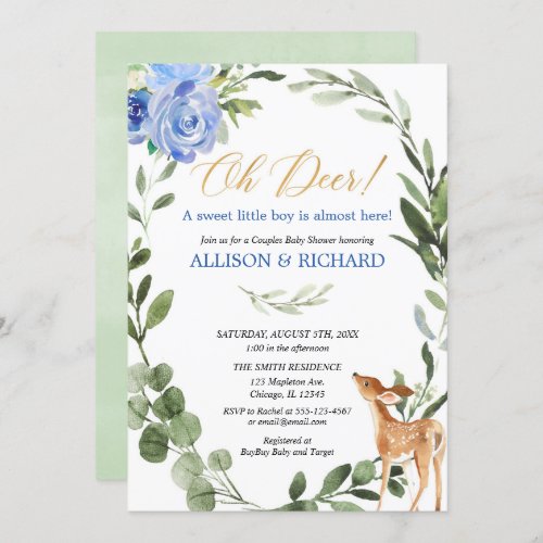 Greenery blue gold baby deer couples baby shower invitation