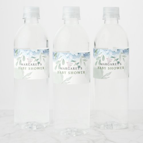 Greenery Blue hydrangea Baby Shower Water Bottle Label