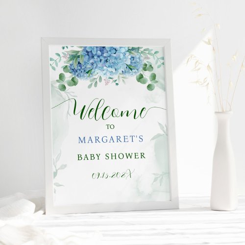 Greenery Blue Hydrangea Baby Shower Welcome Sign