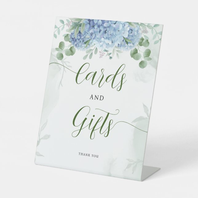 Greenery Blue hydrangea Cards and Gift Baby Shower Pedestal Sign (Front)