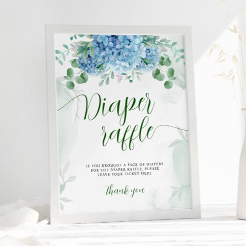 Greenery Blue hydrangea Diaper Raffle Baby Shower Poster