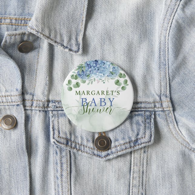 Greenery Blue hydrangea Its a Boy Baby Shower Button (In Situ)