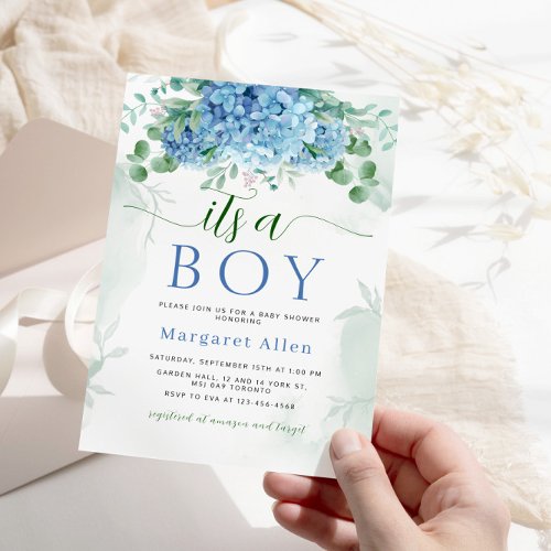 Greenery Blue hydrangea Its a Boy Baby Shower Invitation