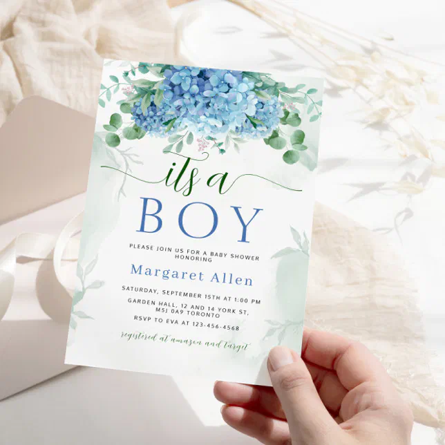 Greenery Blue hydrangea Its a Boy Baby Shower Invitation | Zazzle