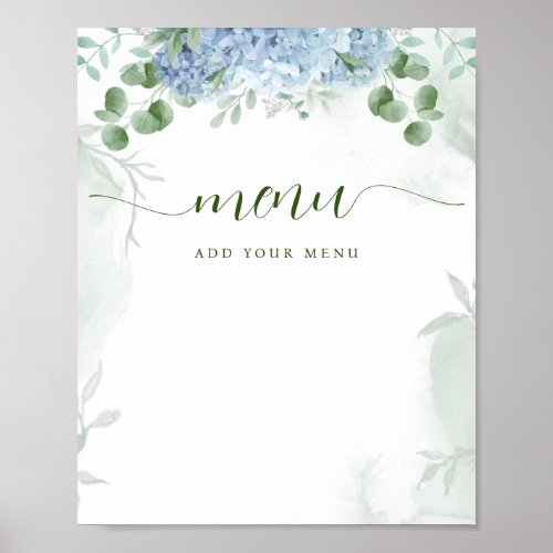 Greenery Blue hydrangea Menu Baby Shower Poster