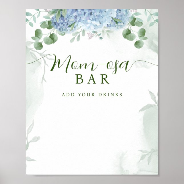 Greenery Blue hydrangea Mom-osa Sign Baby Shower (Front)