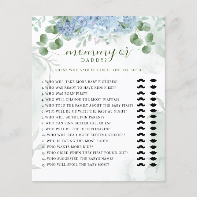 Greenery Blue hydrangea Mommy or Daddy Baby Shower (Front)