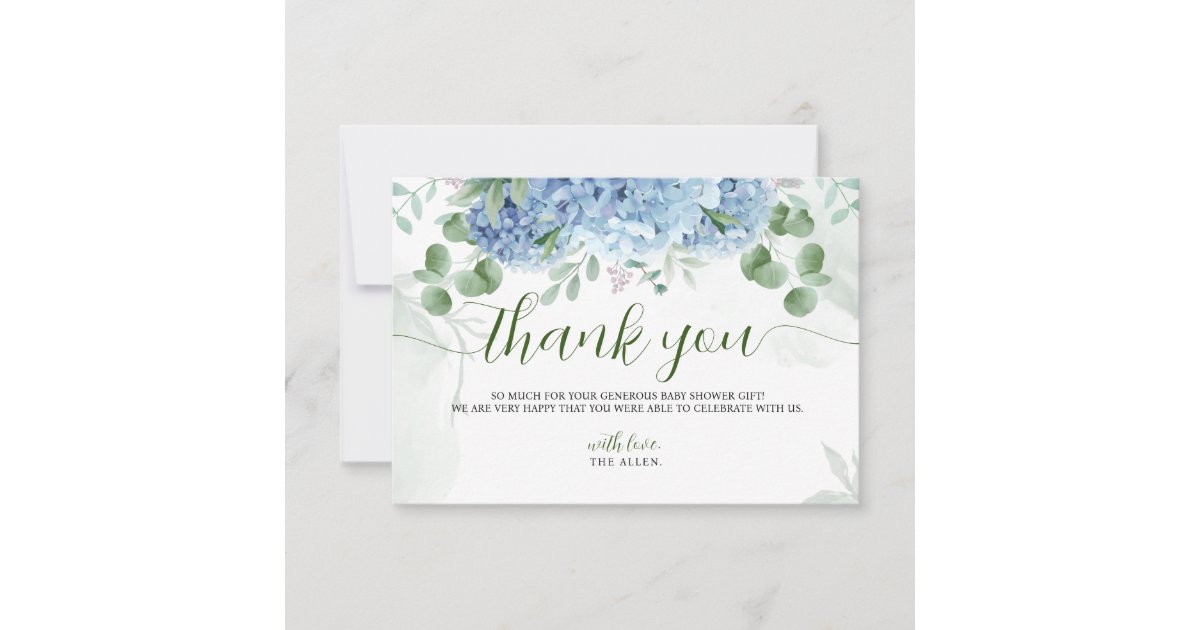 Greenery Blue hydrangea Thank You Baby Shower Card | Zazzle