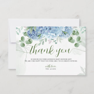 Greenery Blue hydrangea Thank You Baby Shower Card