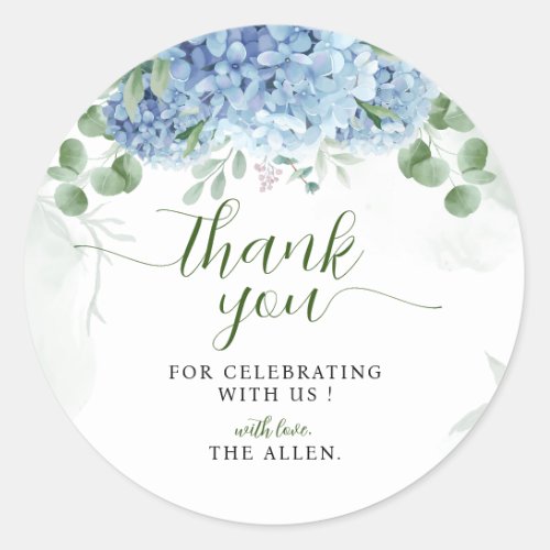 Greenery Blue hydrangea Thank You Baby Shower  Classic Round Sticker