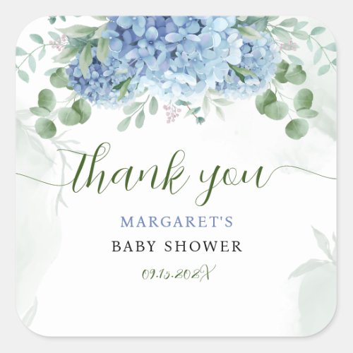 Greenery Blue hydrangea Thank You Baby Shower Square Sticker