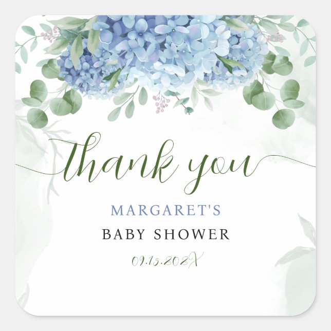 Greenery Blue hydrangea Thank You Baby Shower Square Sticker (Front)