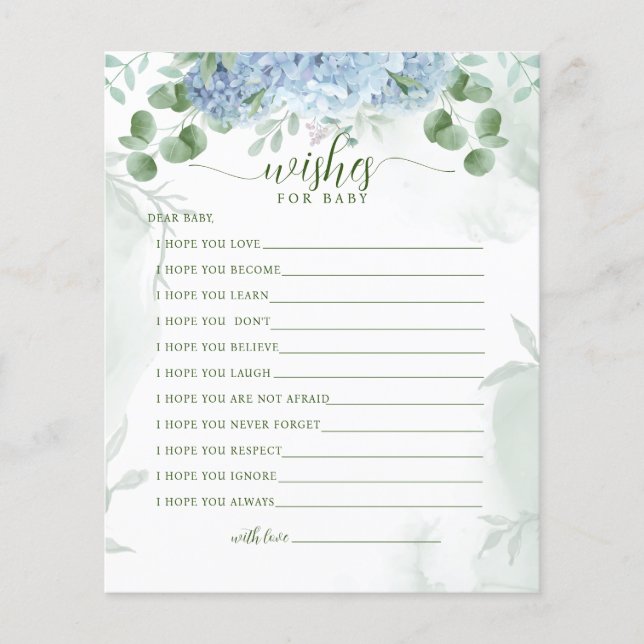 Greenery Blue hydrangea Wishes For Baby Shower (Front)