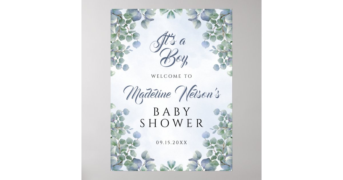 Greenery Blue Its a Boy Baby Shower Welcome Poster | Zazzle
