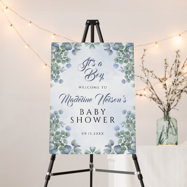 Greenery Blue Its a Boy Baby Shower Welcome Sign (In Situ (Stand))