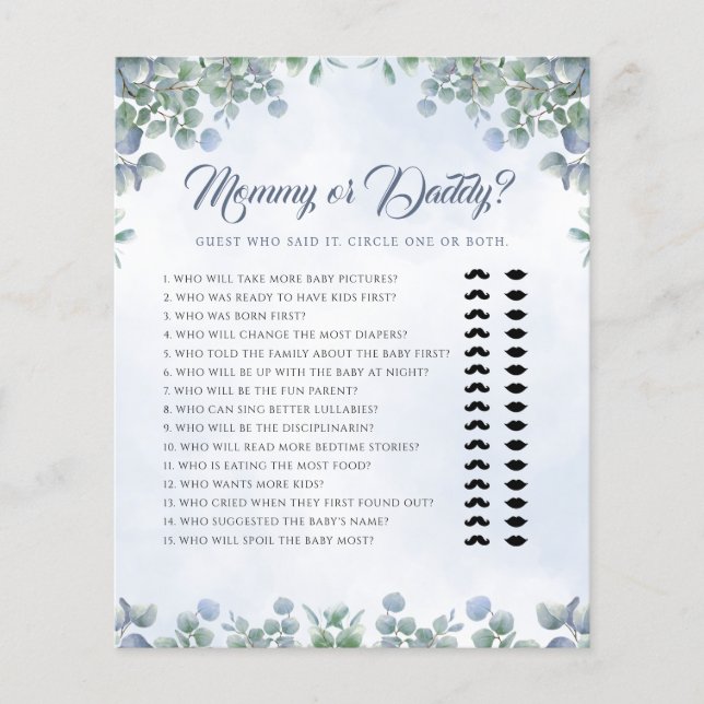 Greenery Blue Mommy or Daddy Baby Shower Game (Front)