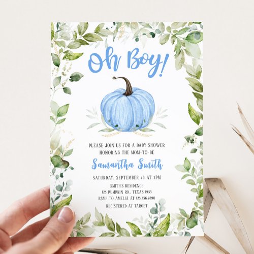 Greenery Blue Pumpkin Baby Shower  Invitation