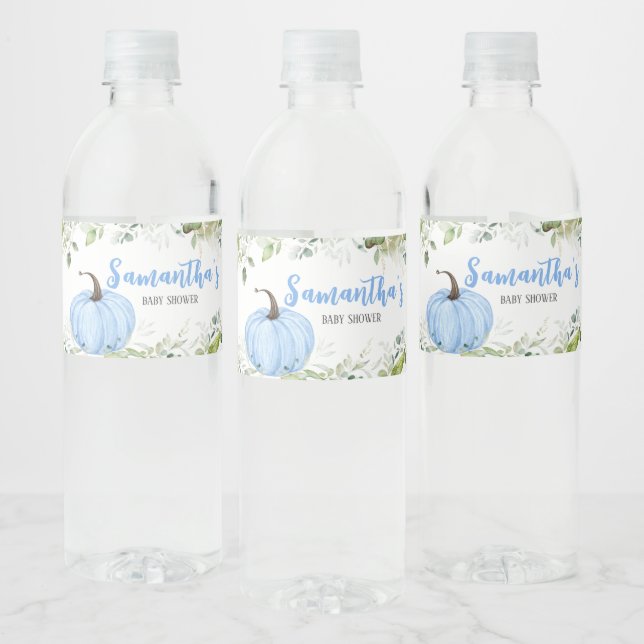 Greenery Blue Pumpkin Baby Shower  Water Bottle Label (Bottles)