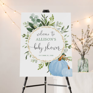 Greenery blue pumpkins baby shower welcome sign