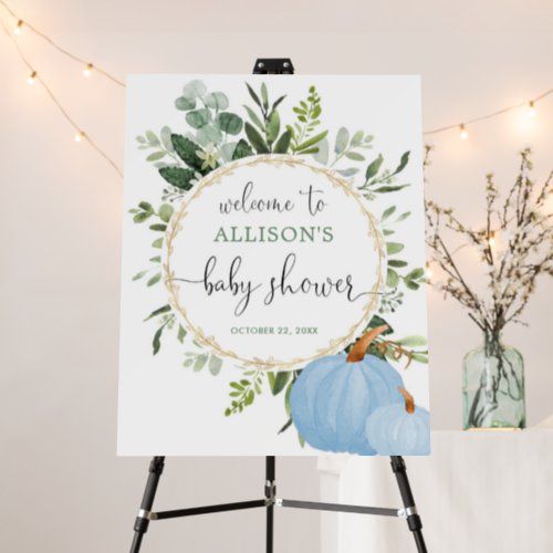 Greenery blue pumpkins baby shower welcome sign