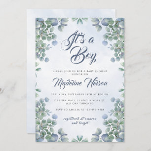 Greenery Blue Watercolor Its a Boy Baby Shower Invitation
