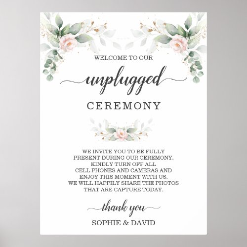 Greenery Blush Floral Gold Unplugged Ceremony Sign