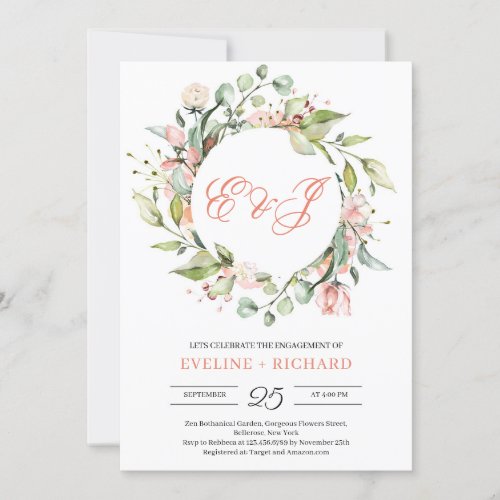 Greenery blush floral wreath initials engagement invitation