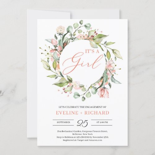 Greenery blush floral wreath script its a girl invitation