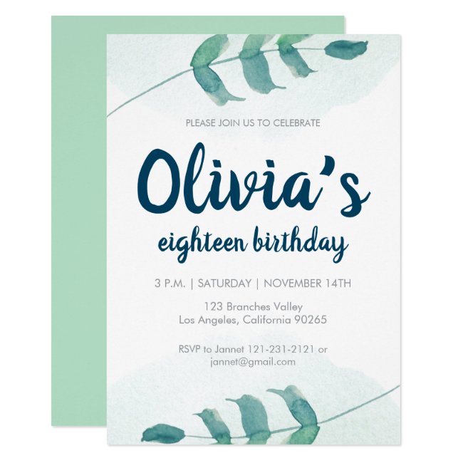 Greenery Blush leaf Botanical Watercolor birthday Invitation