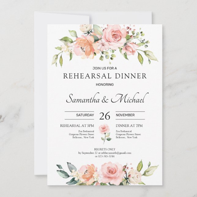 Greenery blush pink floral boho rehearsal dinner invitation (Front)