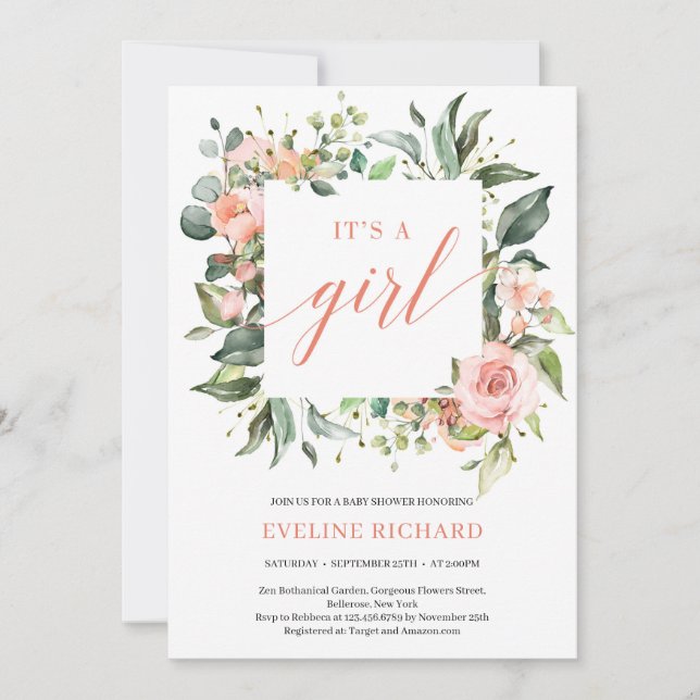 Greenery blush pink floral frame boho it's a girl invitation (Front)
