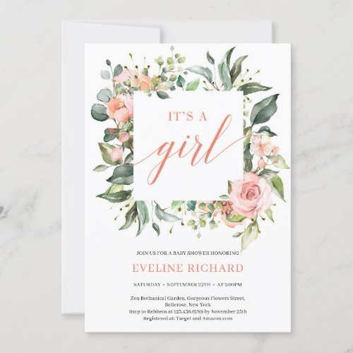 Greenery blush pink floral frame boho its a girl invitation