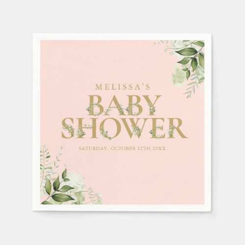Greenery Blush Pink Gold Baby Shower Napkins