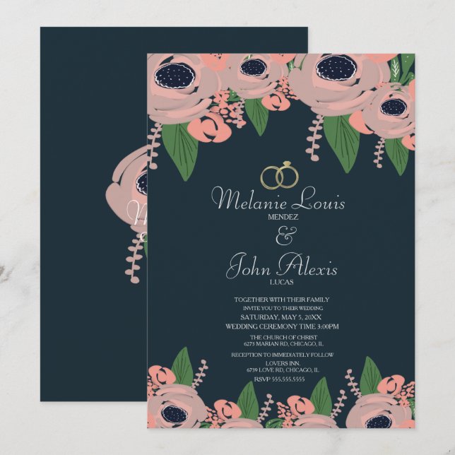 Greenery Blush Pink Rose Floral Botany Wedding Invitation (Front/Back)